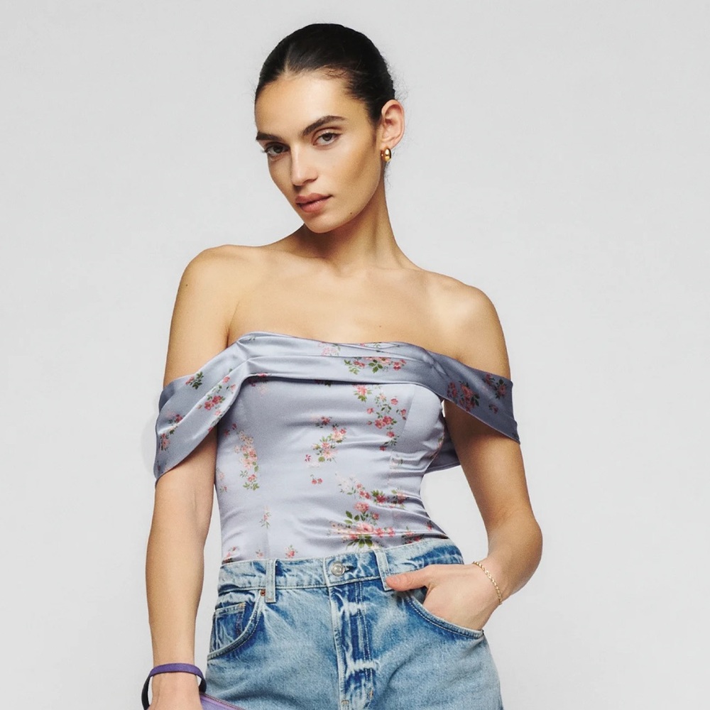Reformation Floral Off-Shoulder Blouse in Light Blue